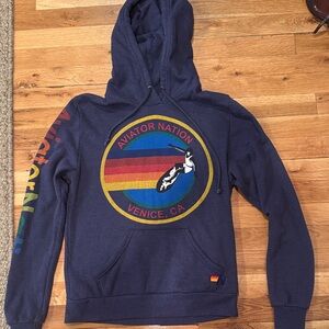 Aviator Nation Navy Pullover Hoodie with Retro Multicolor Circle Graphic sz S
